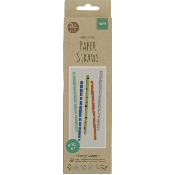 20 X PAPER STRAWS MULTICOLOURED PATTERNS - 20CM