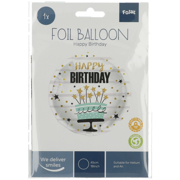 GOLD STARS & BIRTHDAY CAKE 'HAPPY BIRTHDAY' FOIL BALLOON - 45CM