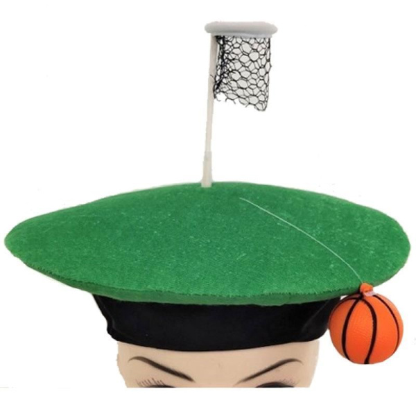 NOVELTY BASKETBALL HAT GREEN, NET & BALL