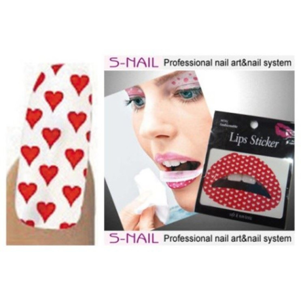 LIP TATTOO & 16 NAILS WHITE/RED HEARTS