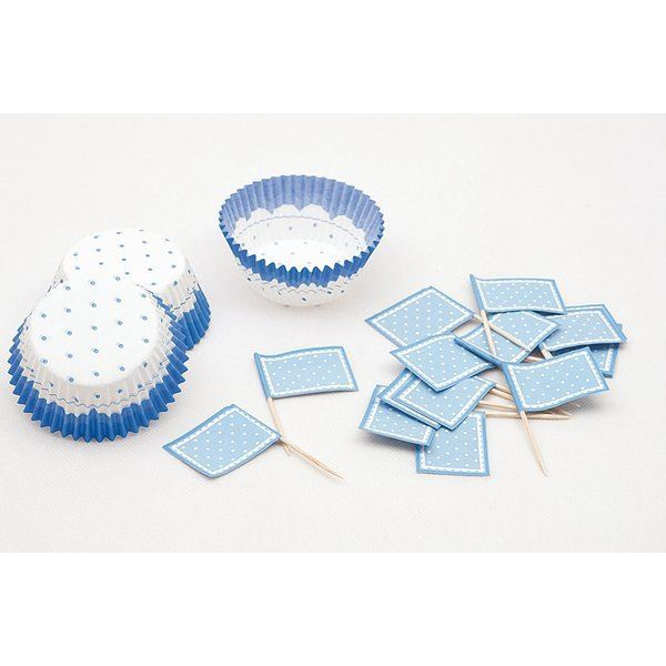 CUP CAKE CASES BLUE & WHITE & PICKS LARG