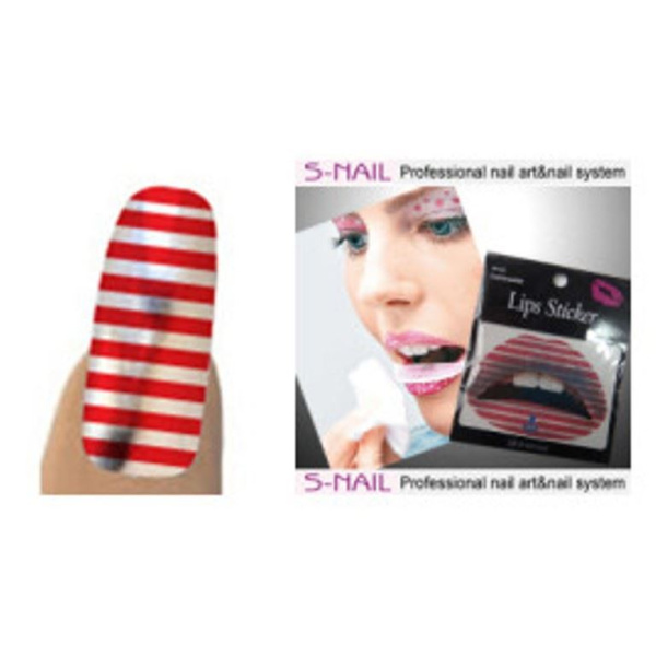 LIP TATTOO & 16 NAILS RED - WHITE STRIPE