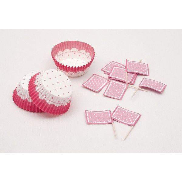 CUP CAKE CASES PINK & WHITE & PICKS LARG