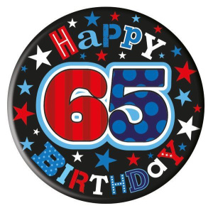 HAPPY BIRTHDAY AGE 65 BADGE MALE 5CM