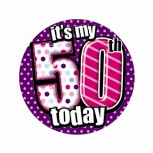 HAPPY BIRTHDAY AGE 50 BADGE FEMALE 5CM